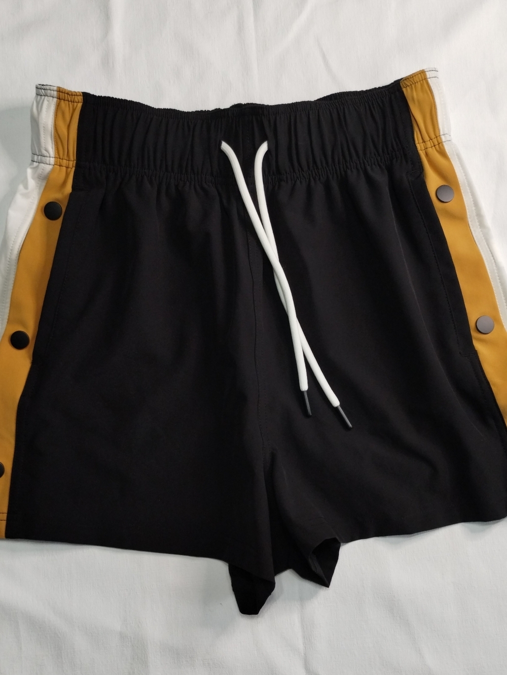 Women's Athletic Drawstring Shorts with Mustard Side Panels - Black